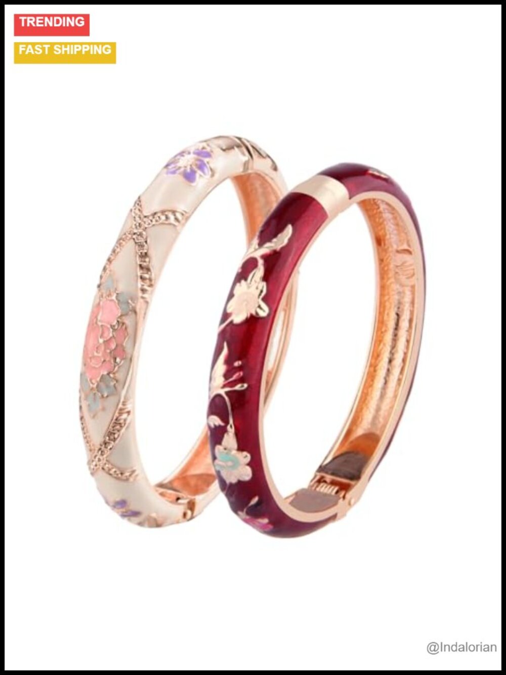 Cloisonne Enamel Flower Bangle Cuff Bracelet Set - Gold Plated